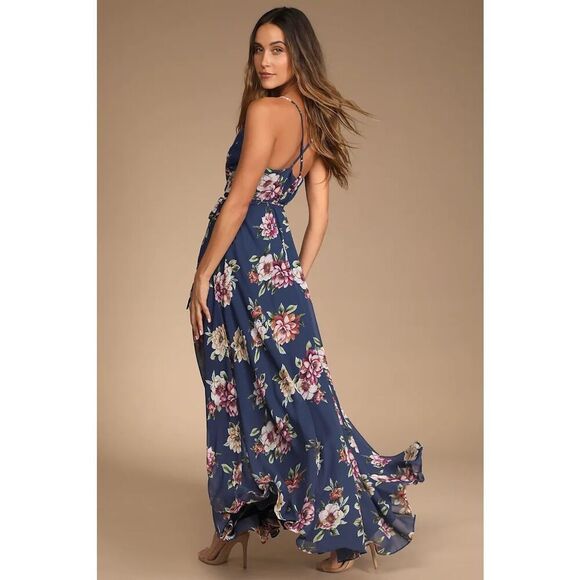 Lulus Always There For Me Navy Blue Floral Print Wrap Maxi Dress - Picture 3 of 8